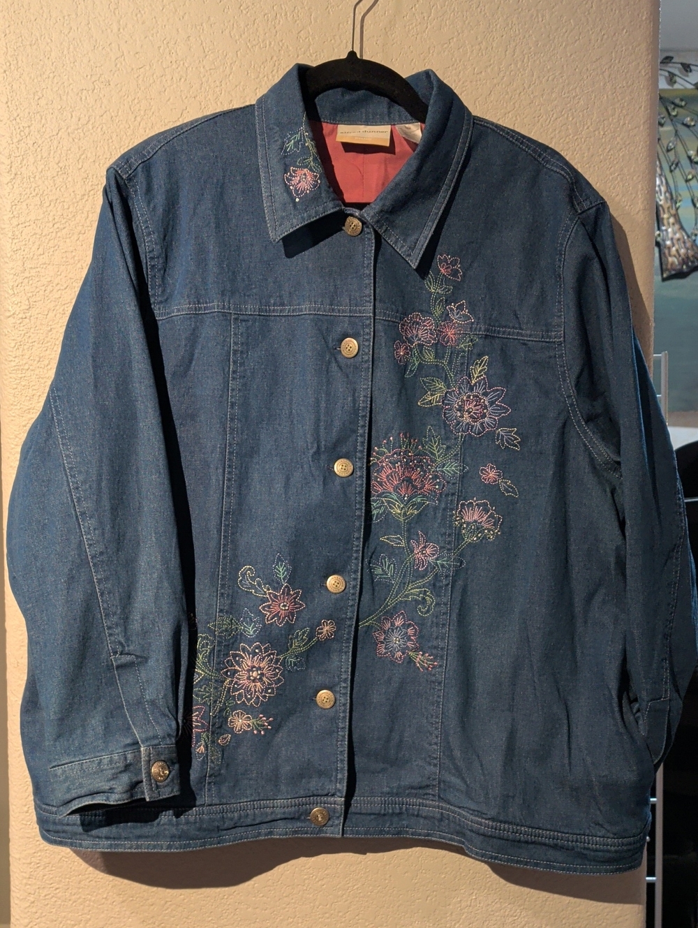 Alfred Dunner Blue Denim Jacket with Pink & Green Floral Embroidery 18W